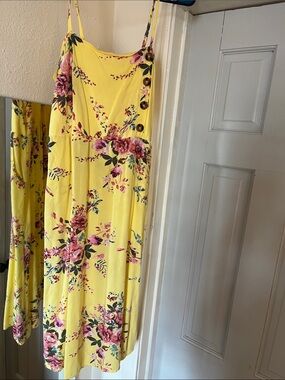 Xhilaration Yellow Floral Midi Sundress with Pink Roses